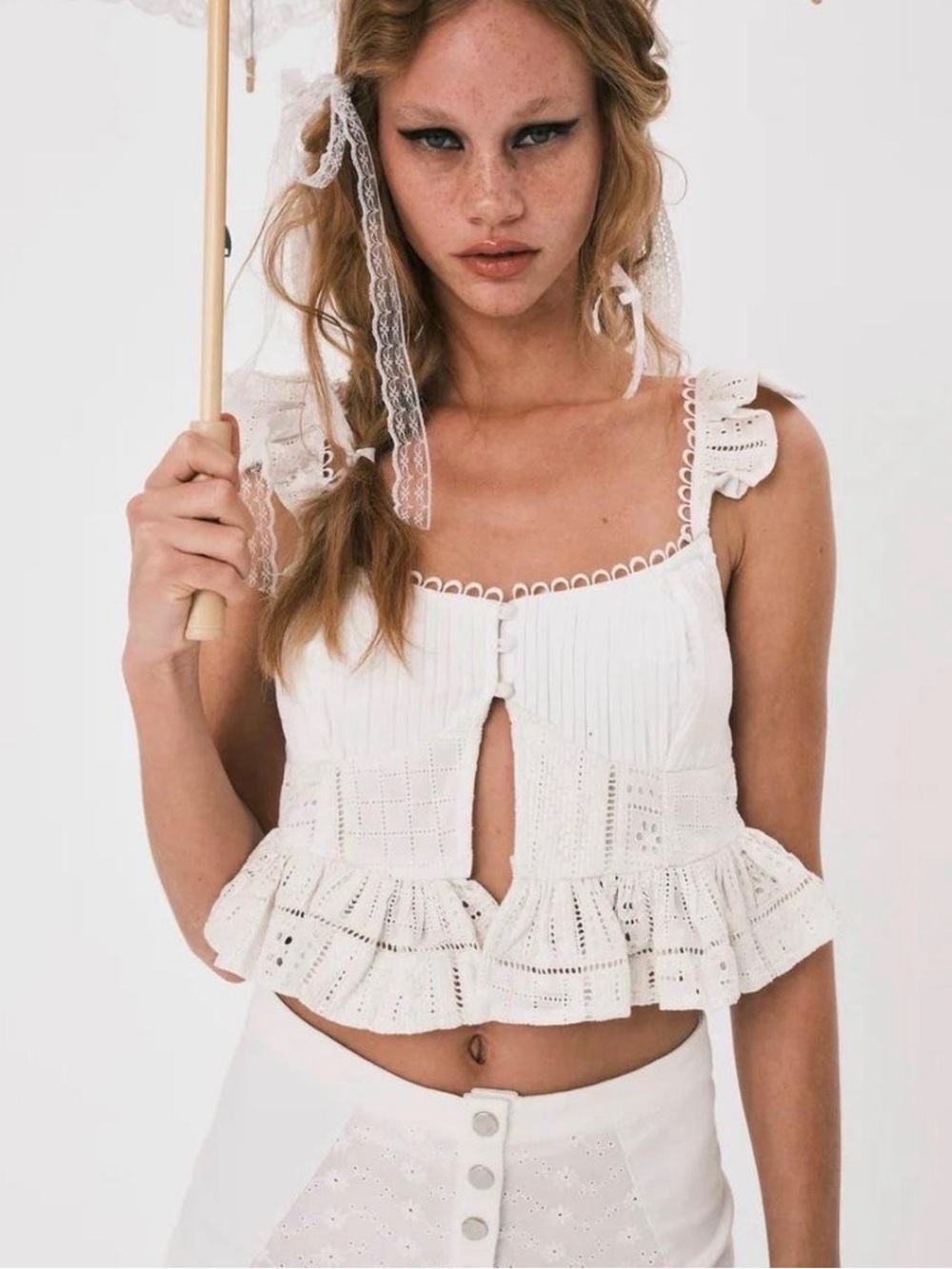 For Love & Lemons White Eyelet Ruffle Crop Top